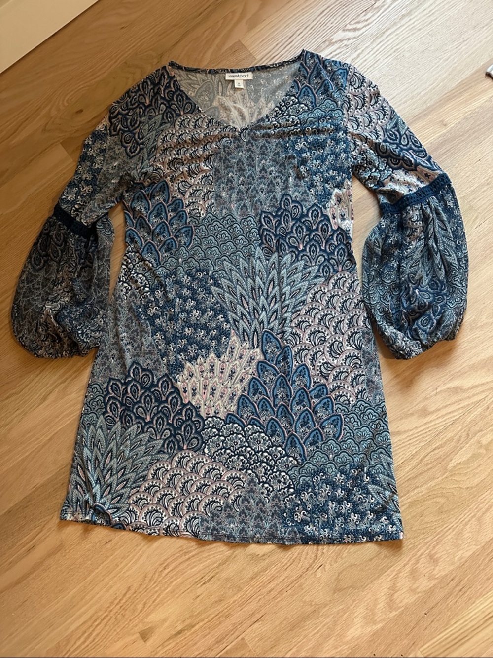 Blue Paisley Print Boho sheath dress sz S EUC